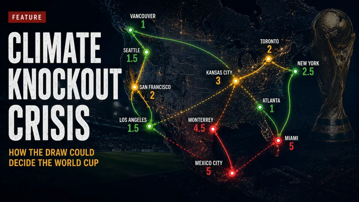 World Cup 2026 climate knockout routes feature graphic showing heat, altitude and route difficulty
