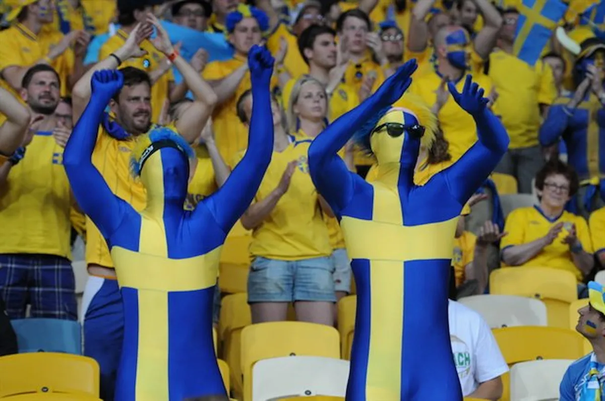 Sweden fans celebrating in the stands