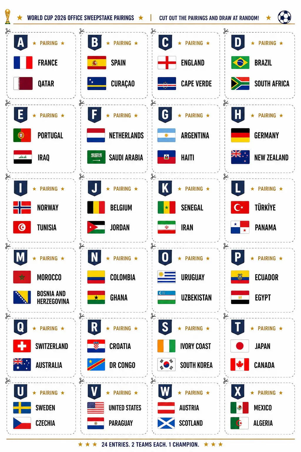 World Cup 2026 colour sweepstake cut-out sheet showing all 24 pairings